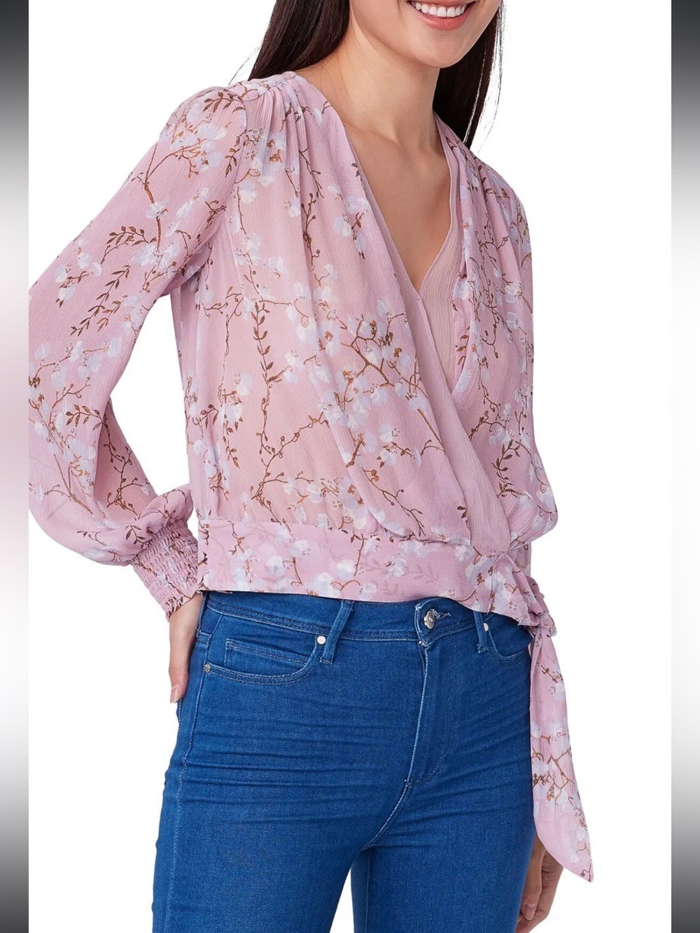 PAIGE Margherita Floral Silk Blouse Pink Mist Size Small